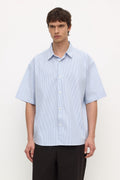 Classic Fit Blue White Poplin Stripe Short Sleeve Shirt