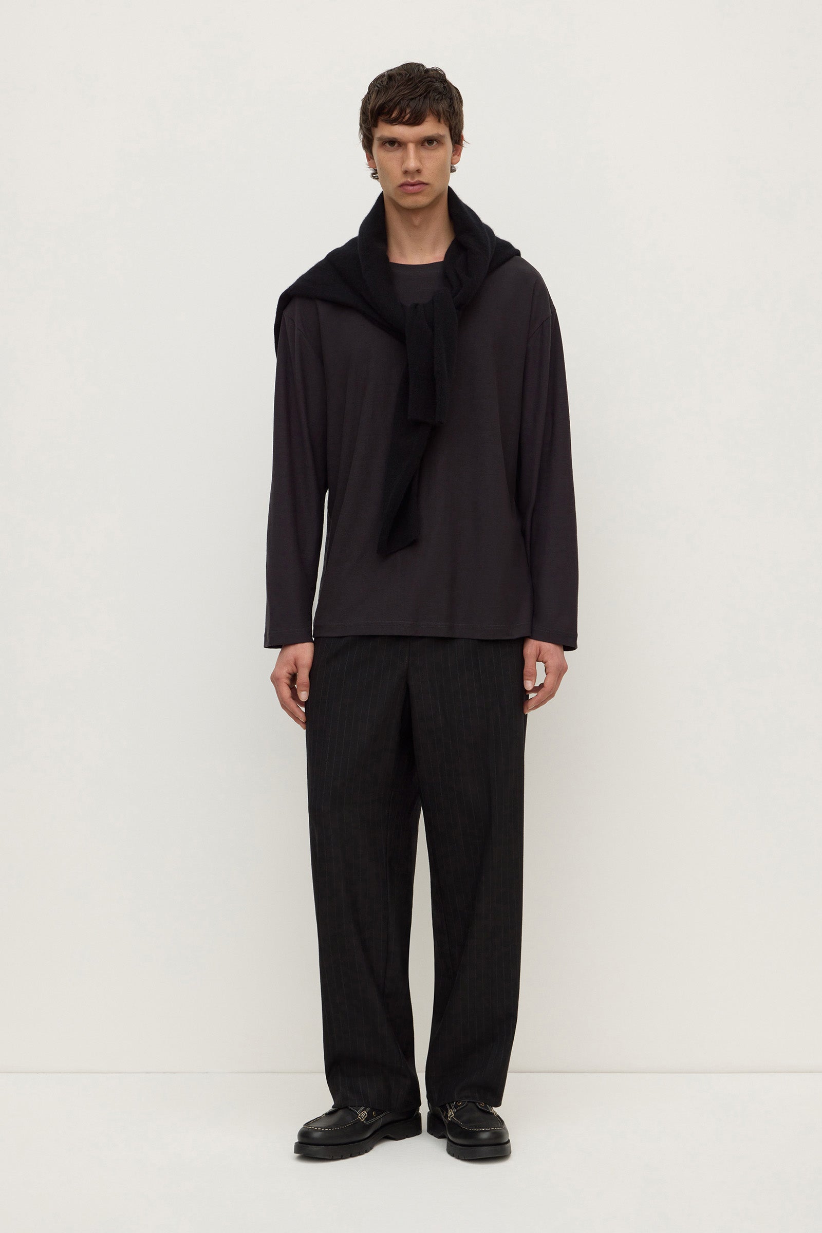 Tapered Fit Black Pinstripe Wool Pant