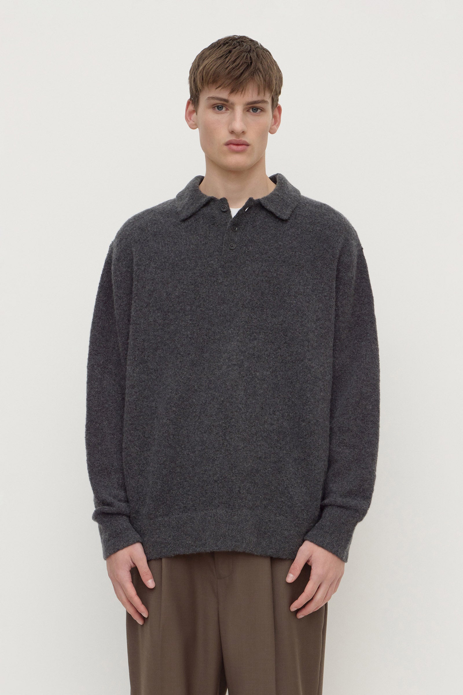 Relaxed Fit Charcoal Boucle Cashmere Polo