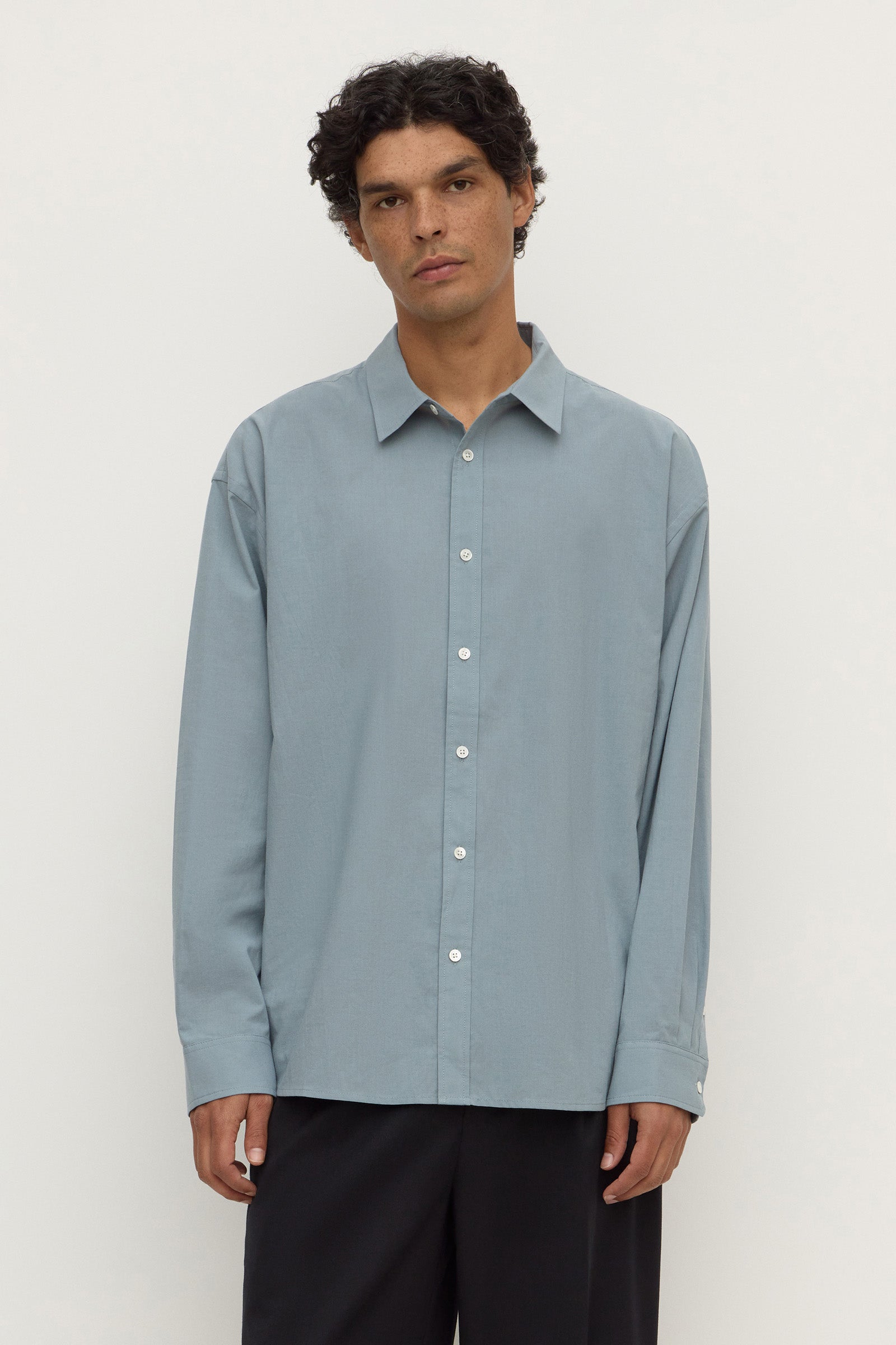 Classic Fit Steel Blue Cotton Long Sleeve Shirt