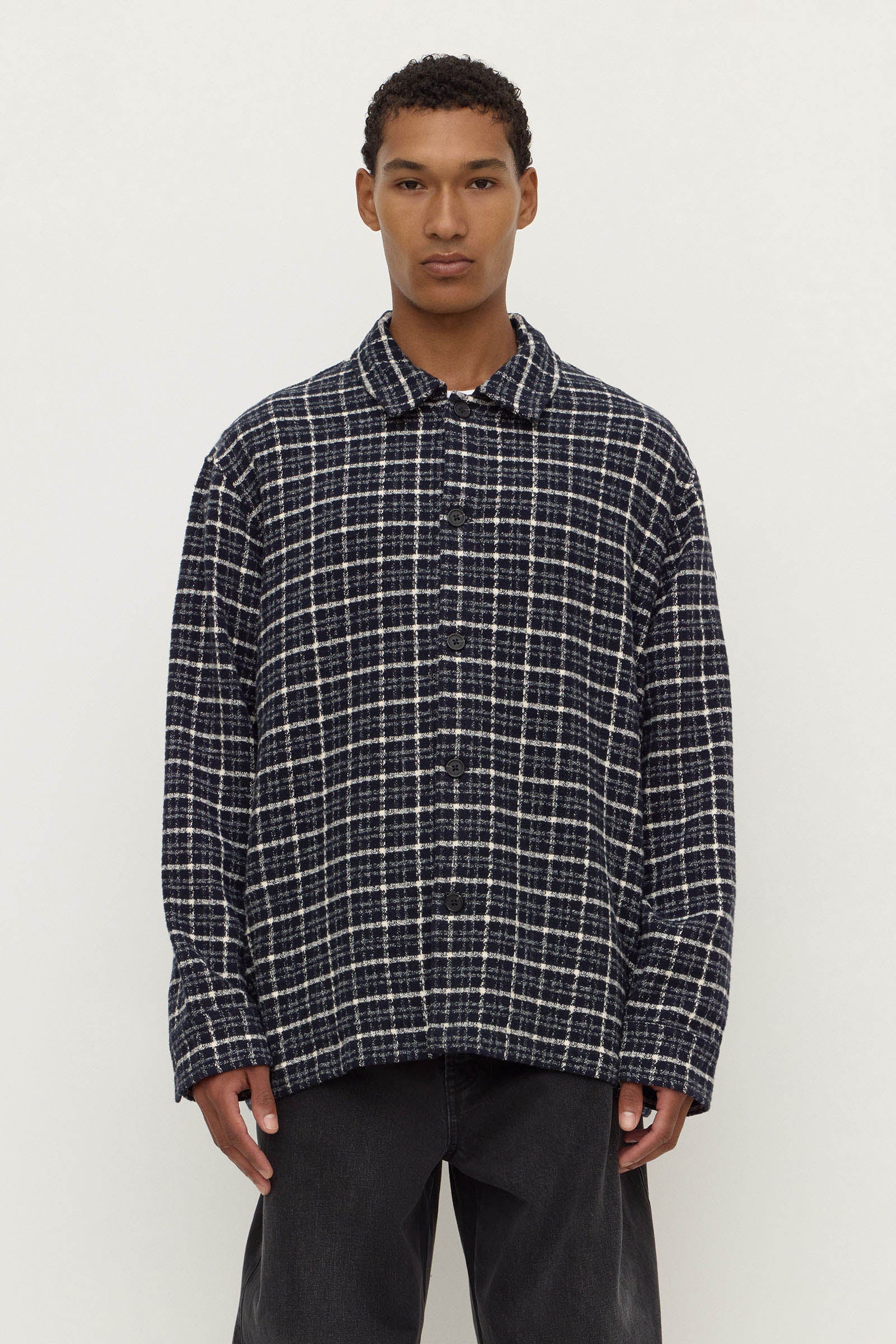 Relaxed Fit True Navy Cream Checked Cotton Long Sleeve Shirt