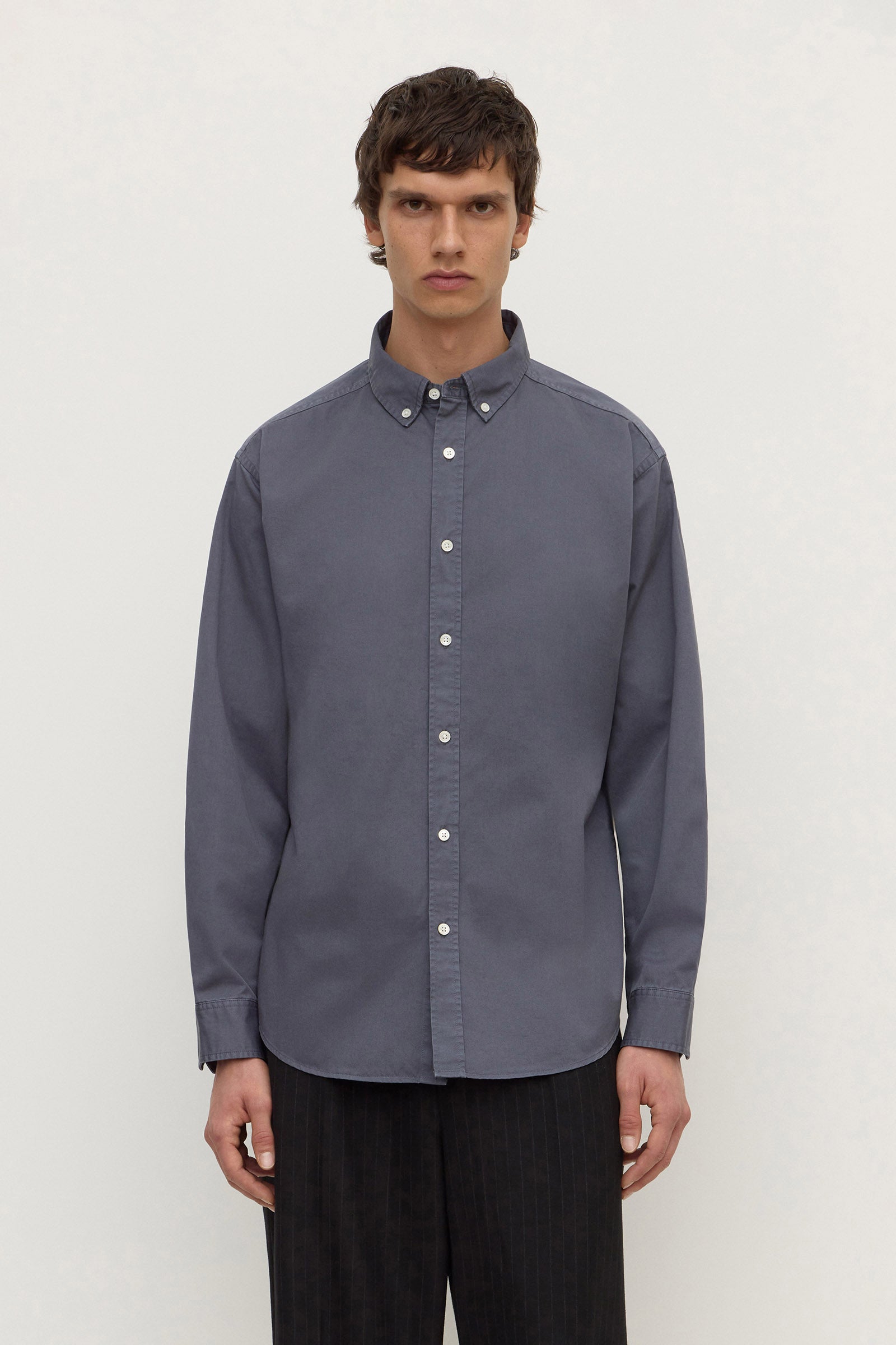 Oversized Fit Blue Slate Cotton Long Sleeve Shirt