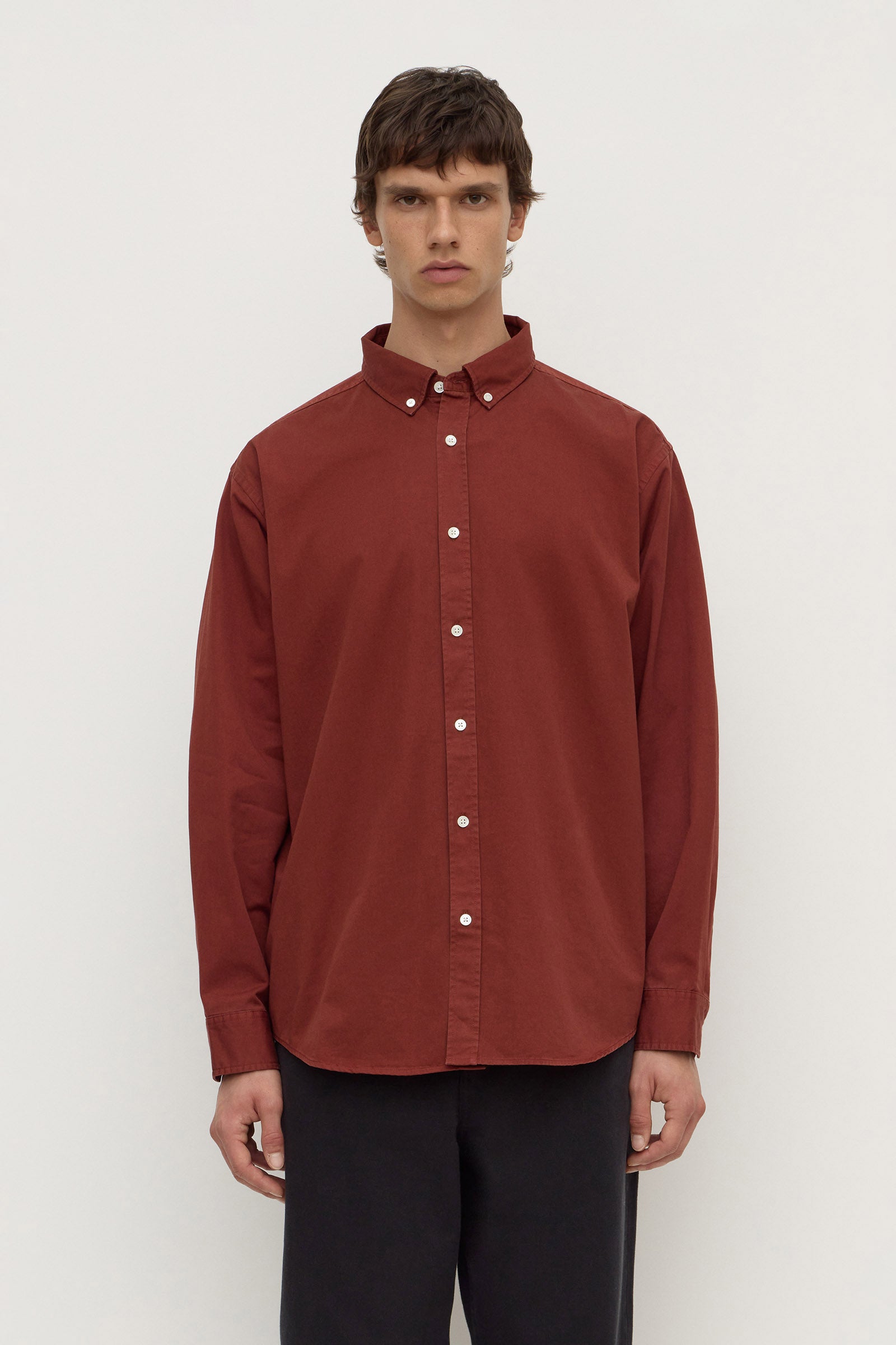 Oversized Fit Burnt Amber Cotton Long Sleeve Shirt